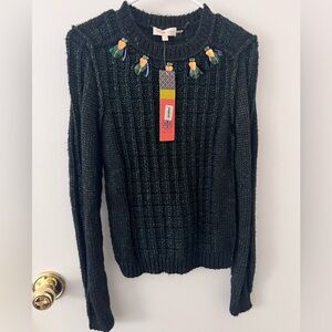 NWT Tory Birch Lucy Metallic Green Beatle Embellished Sweater Tinsel Small